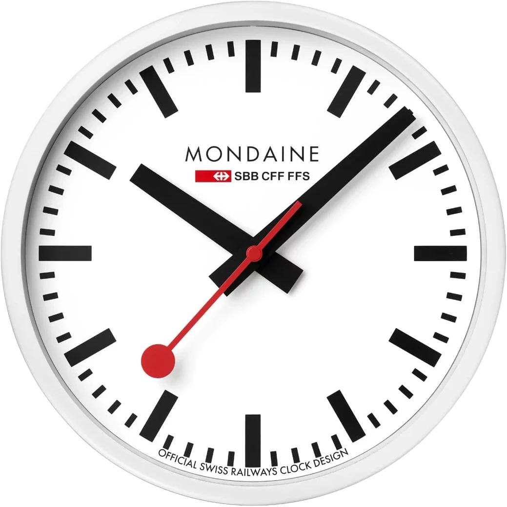 Horloge murale en aluminium avec cadran blanc, aiguilles noires et trotteuse rouge