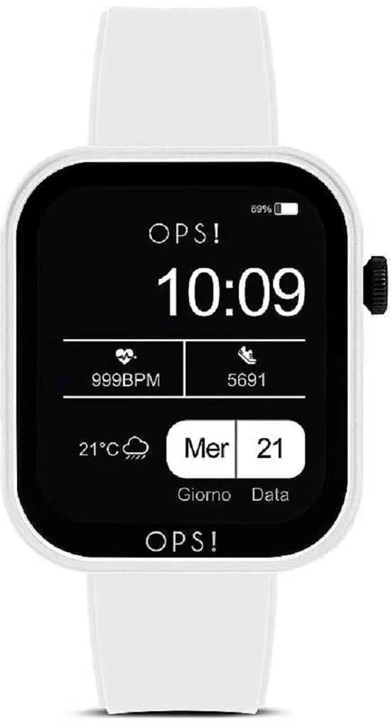 OPS ! Montre connectée avec bracelet en silicone blanc, écran carré