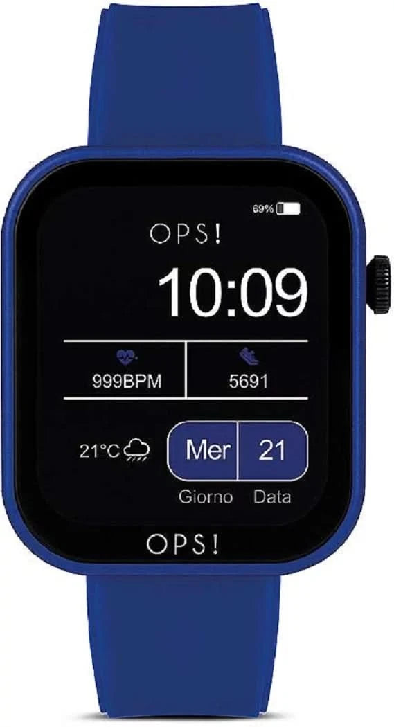 Montre connectée unisexe avec bracelet en silicone bleu et écran noir, 10:09