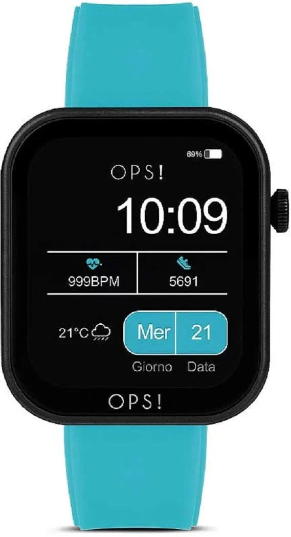 Montre connectée avec bracelet en silicone bleu, écran rond et heure numérique 10:09.