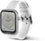 Montre connectée unisexe avec bracelet blanc, lunette en strass et boutons latéraux