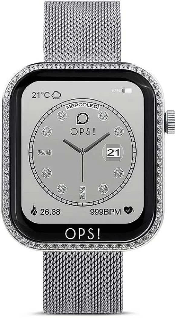 Montre connectée pour femme avec bracelet en maille d'acier inoxydable argenté et lunette ornée de strass