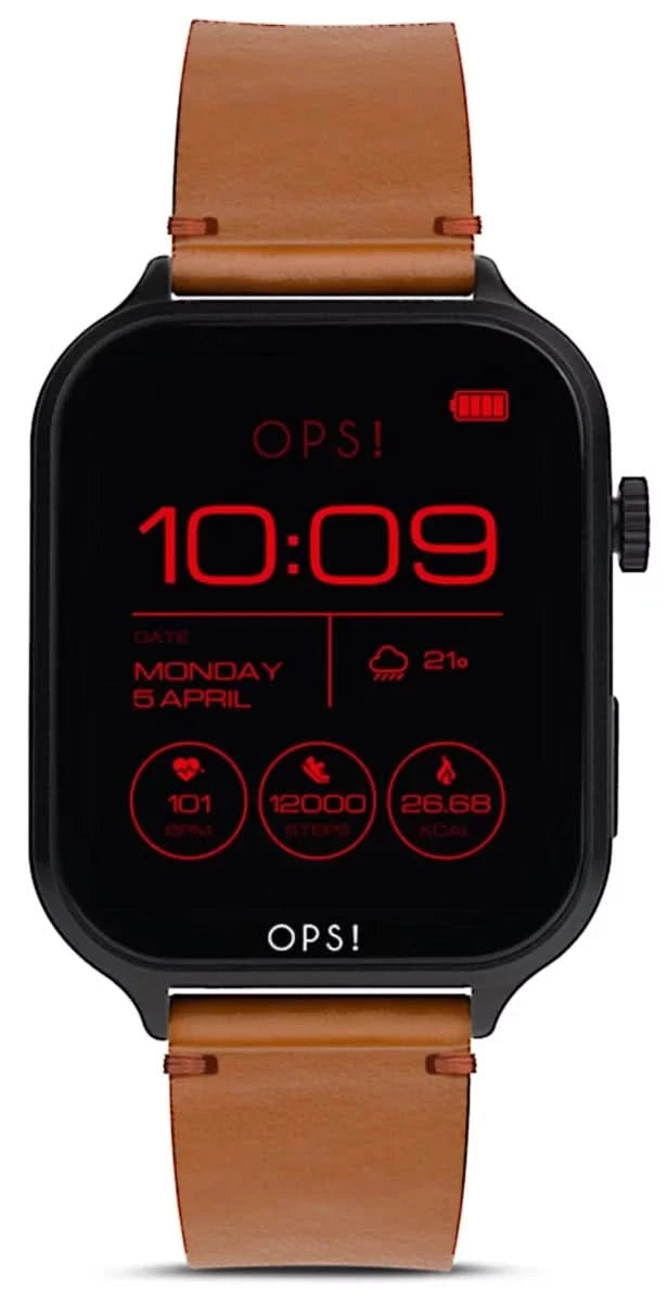 Montre connectée unisexe avec boîtier noir et bracelet en cuir marron, affichage 10:09