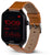 Montre connectée unisexe, vue latérale, boîtier noir et bracelet en cuir marron