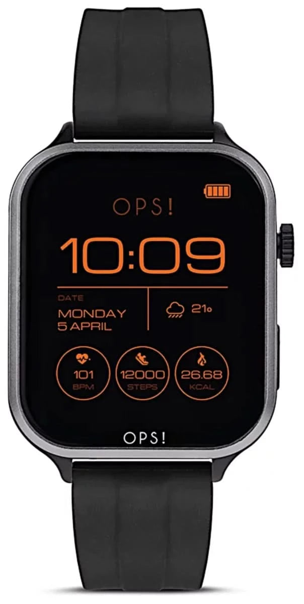 Montre connectée unisexe avec bracelet en silicone noir, écran OPS! 10:09