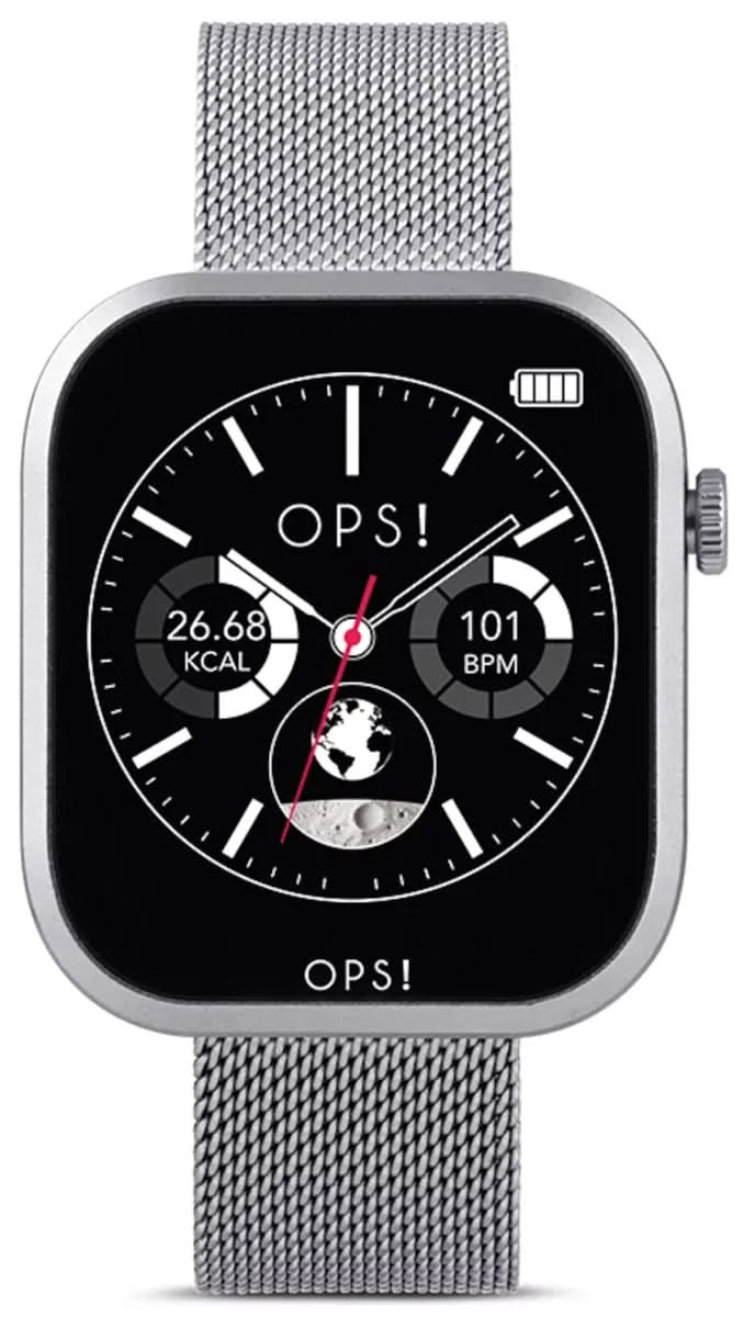 Montre connectée unisexe avec bracelet en maille d'acier inoxydable argenté et écran noir