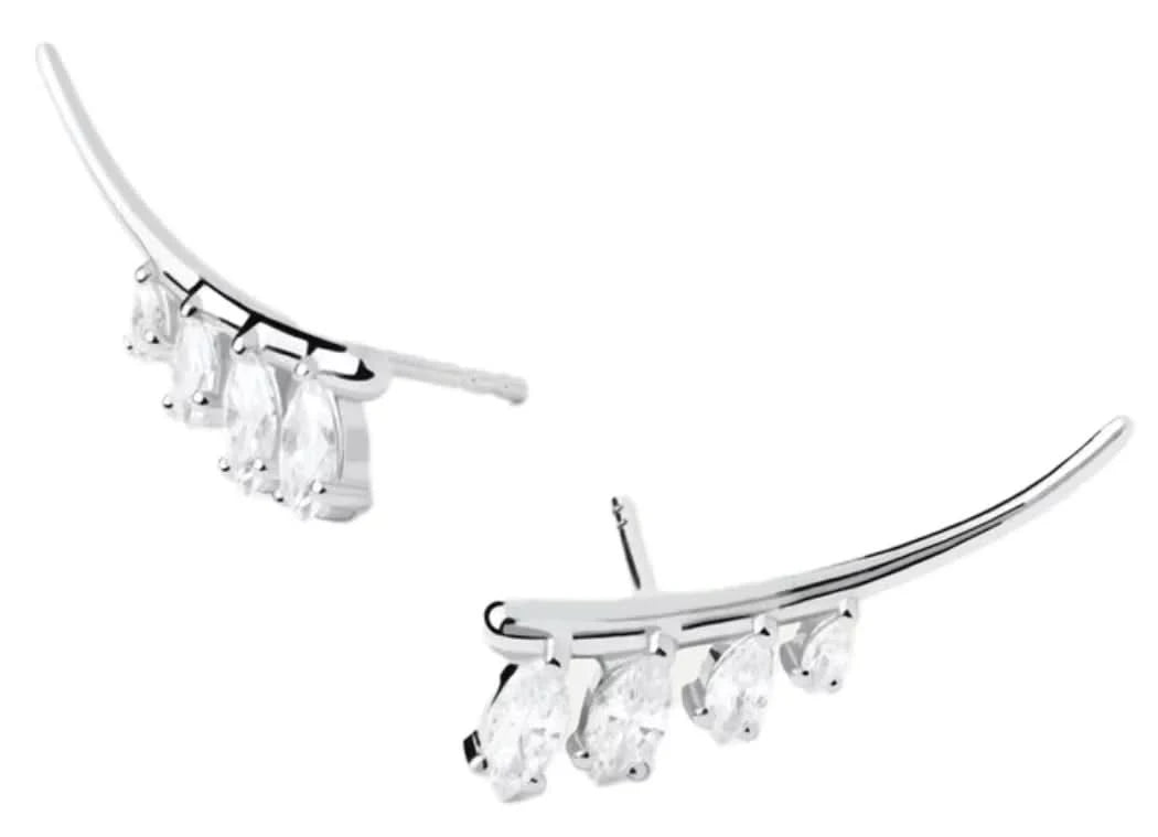 Boucles d'oreilles argentées avec pendentif, barre incurvée et quatre pierres facettées transparentes