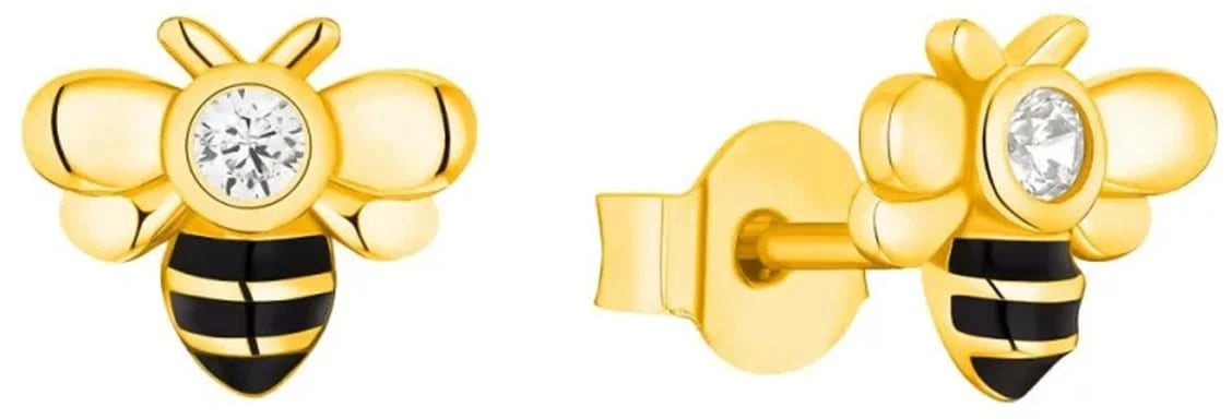 Clous d'oreilles en forme d'abeille avec des ailes en or jaune, une pierre scintillante et des rayures or et noir
