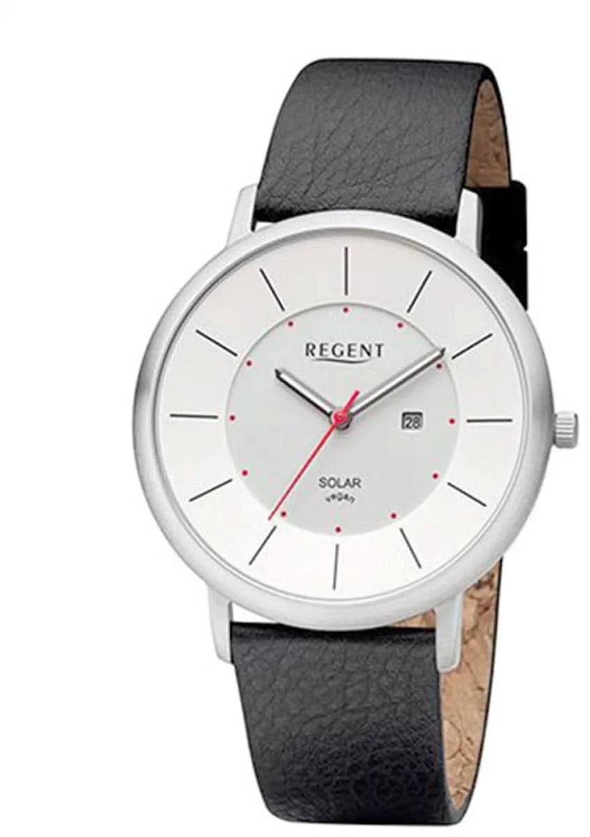 s.Oliver REGENT-BA montre avec bracelet en cuir noir, boîtier rond argenté et cadran blanc.