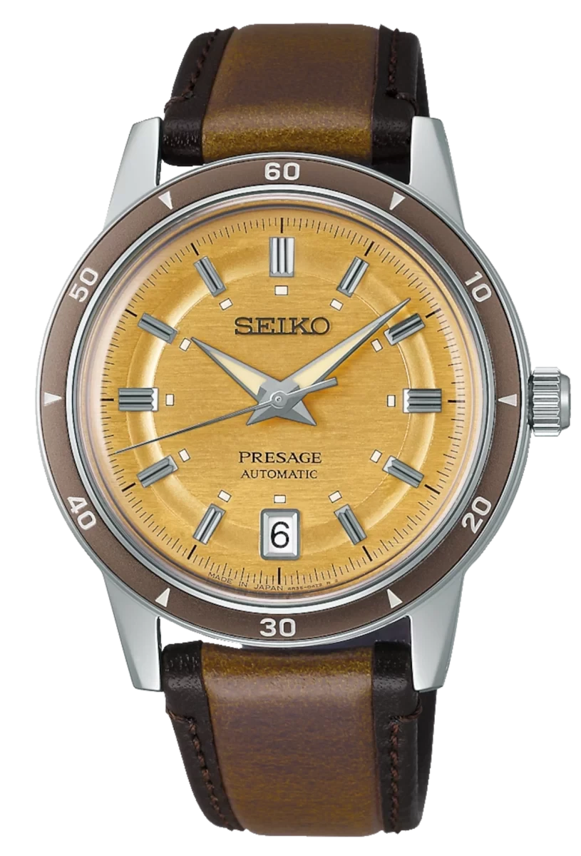 Montre SEIKO Presage pour homme avec cadran jaune, bracelet en cuir marron, boîtier argenté