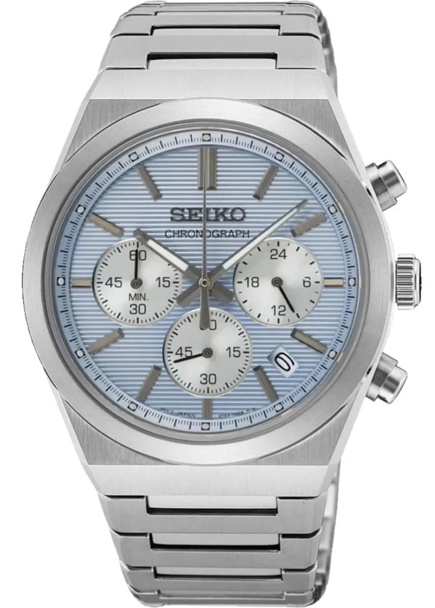 Montre chronographe pour homme avec bracelet en métal argenté et cadran bleu rayé