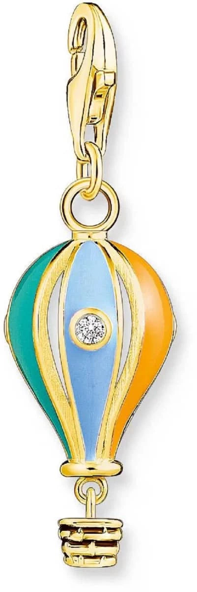 Pendentif doré à l'émail montgolfière, bleu et jaune, avec pierre scintillante