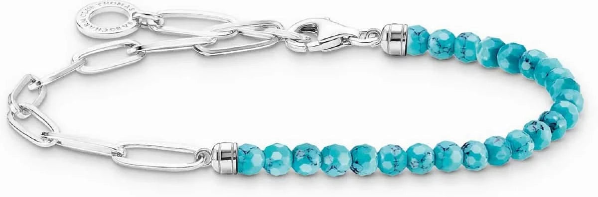 Bracelet jonc en argent avec perles de verre turquoise et maillons, avec fermoir