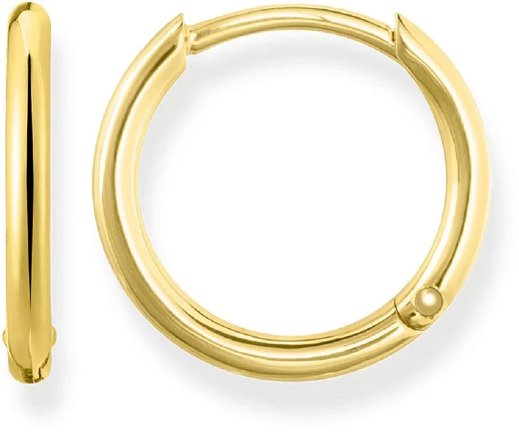 Petites créoles dorées avec fermoir à charnière et boule ronde, surface lisse