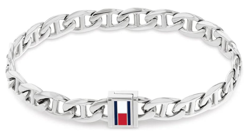 Bracelet gourmette pour homme en acier inoxydable avec détail de logo rectangulaire, argenté