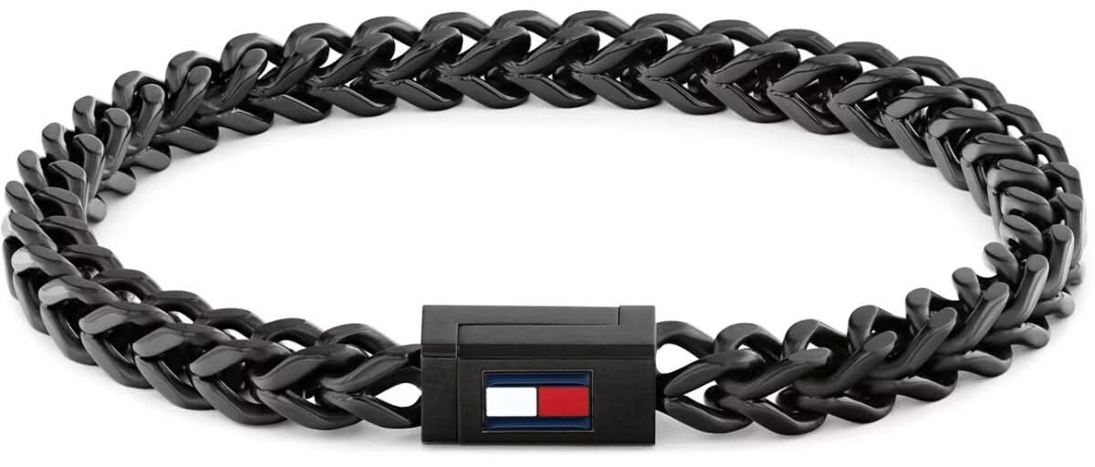 Bracelet pour homme en acier inoxydable noir avec maillons tressés et fermoir rectangulaire, drapeau