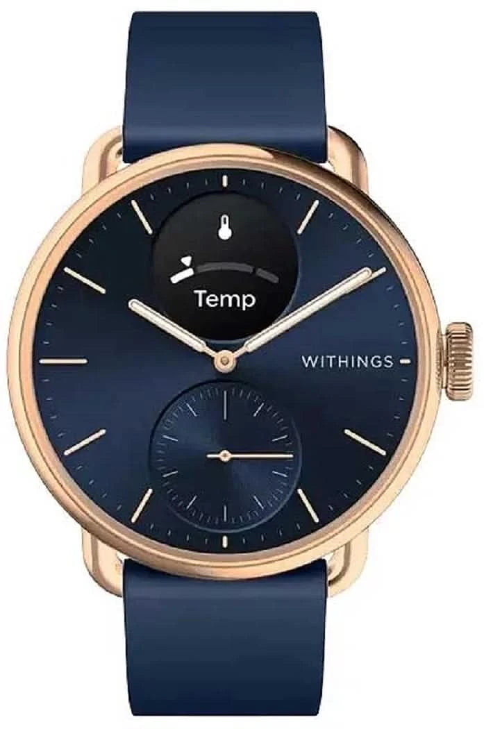 Montre connectée hybride : cadran bleu, boîtier or rose, bracelet en silicone bleu foncé