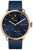 Montre connectée hybride : cadran bleu, boîtier or rose, bracelet en silicone bleu foncé