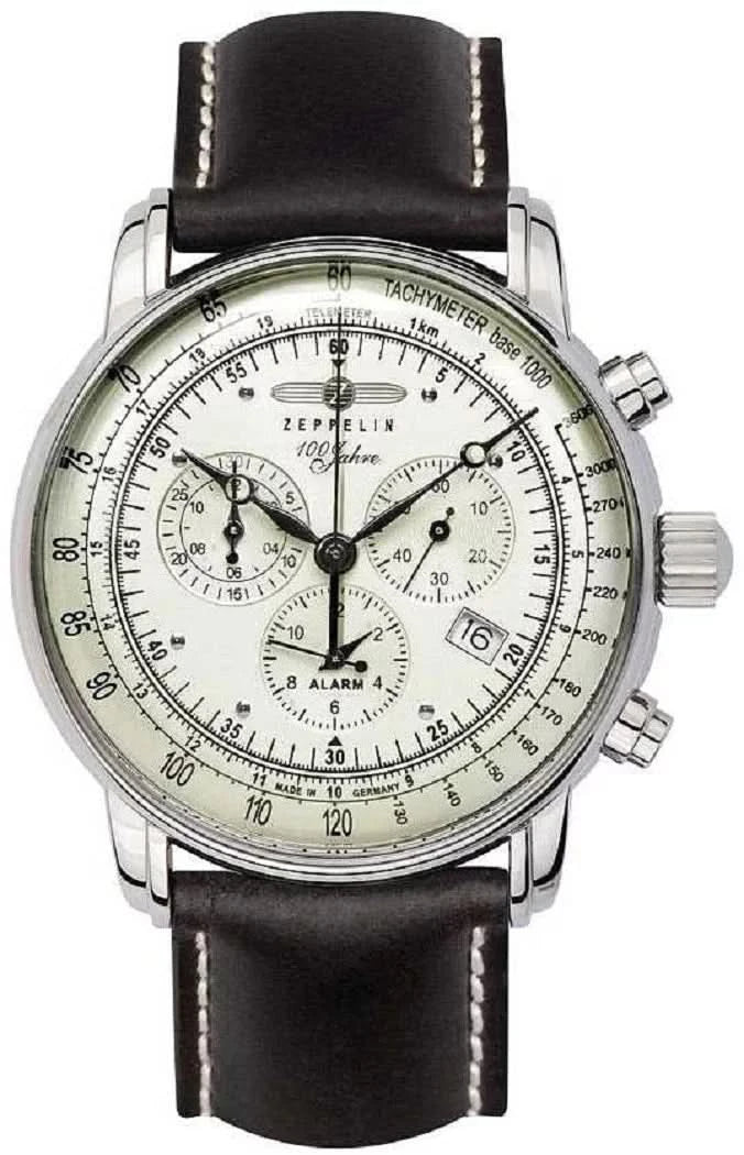 Montre homme : cadran blanc, bracelet en cuir noir, affichages chronographe et alarme