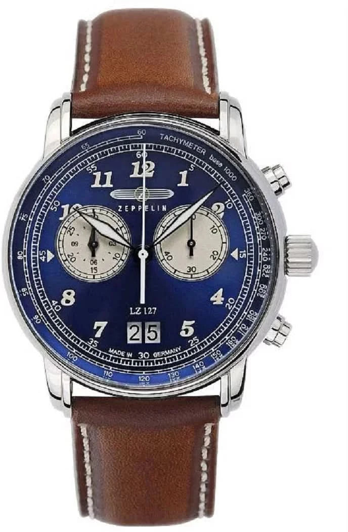 Herrenarmbanduhr mit braunem Lederarmband, blauem Zifferblatt und Chronographen-Subdials