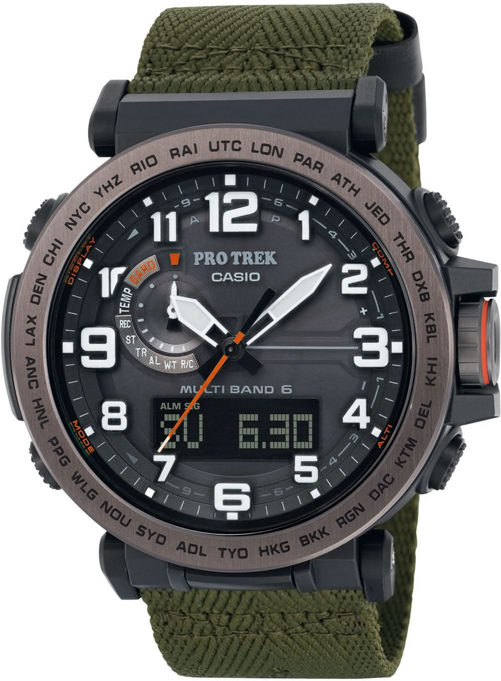 Montre Casio Pro Trek pour homme avec bracelet en textile vert, cadran noir et affichage numérique
