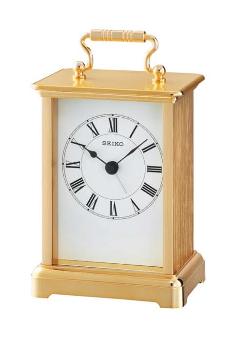 Goldfarbene Seiko-Tischuhr aus Metall mit weißem Zifferblatt und römischen Ziffern