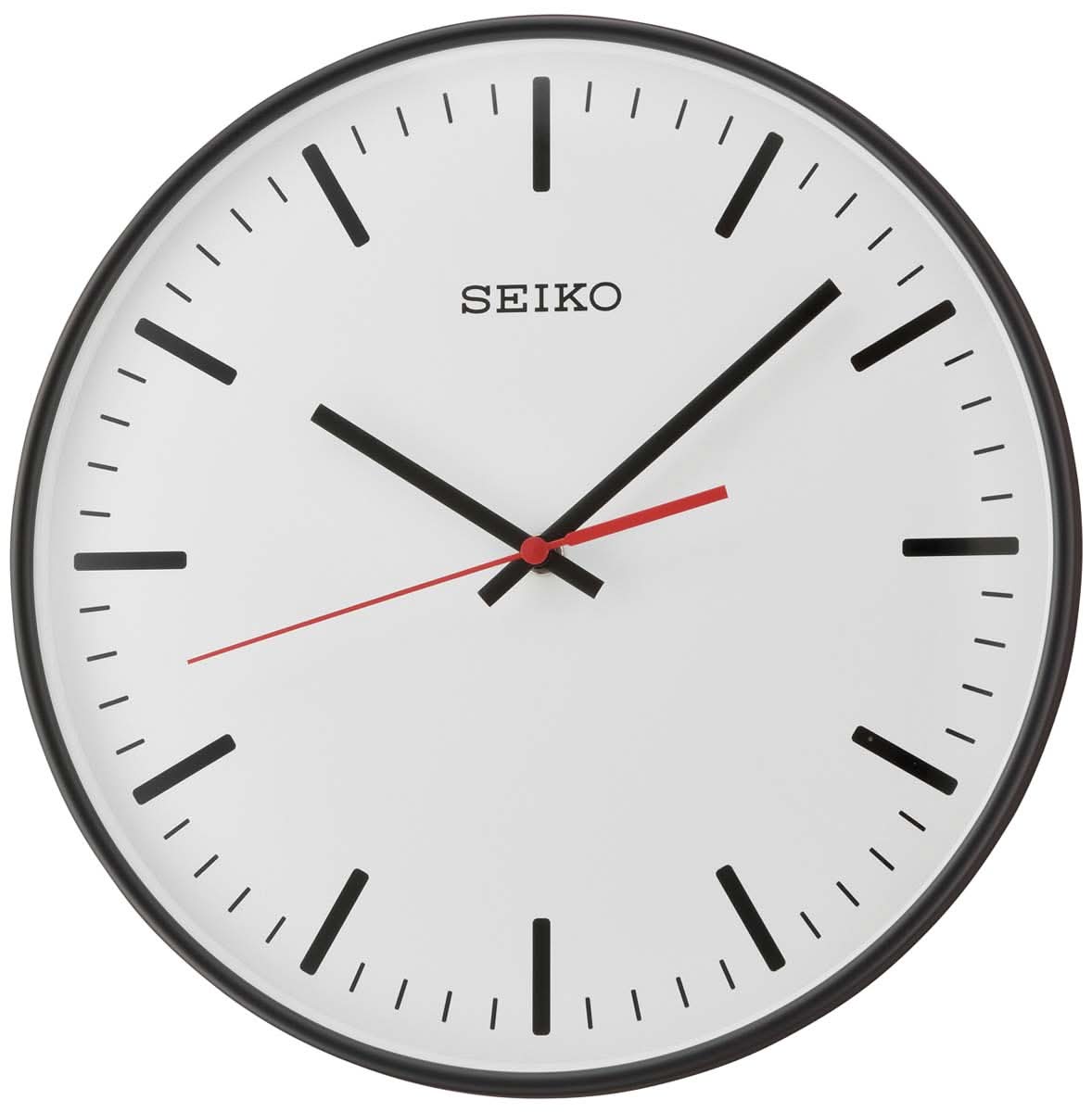 Horloge murale : cadre noir, cadran blanc, aiguilles noires avec trotteuse rouge