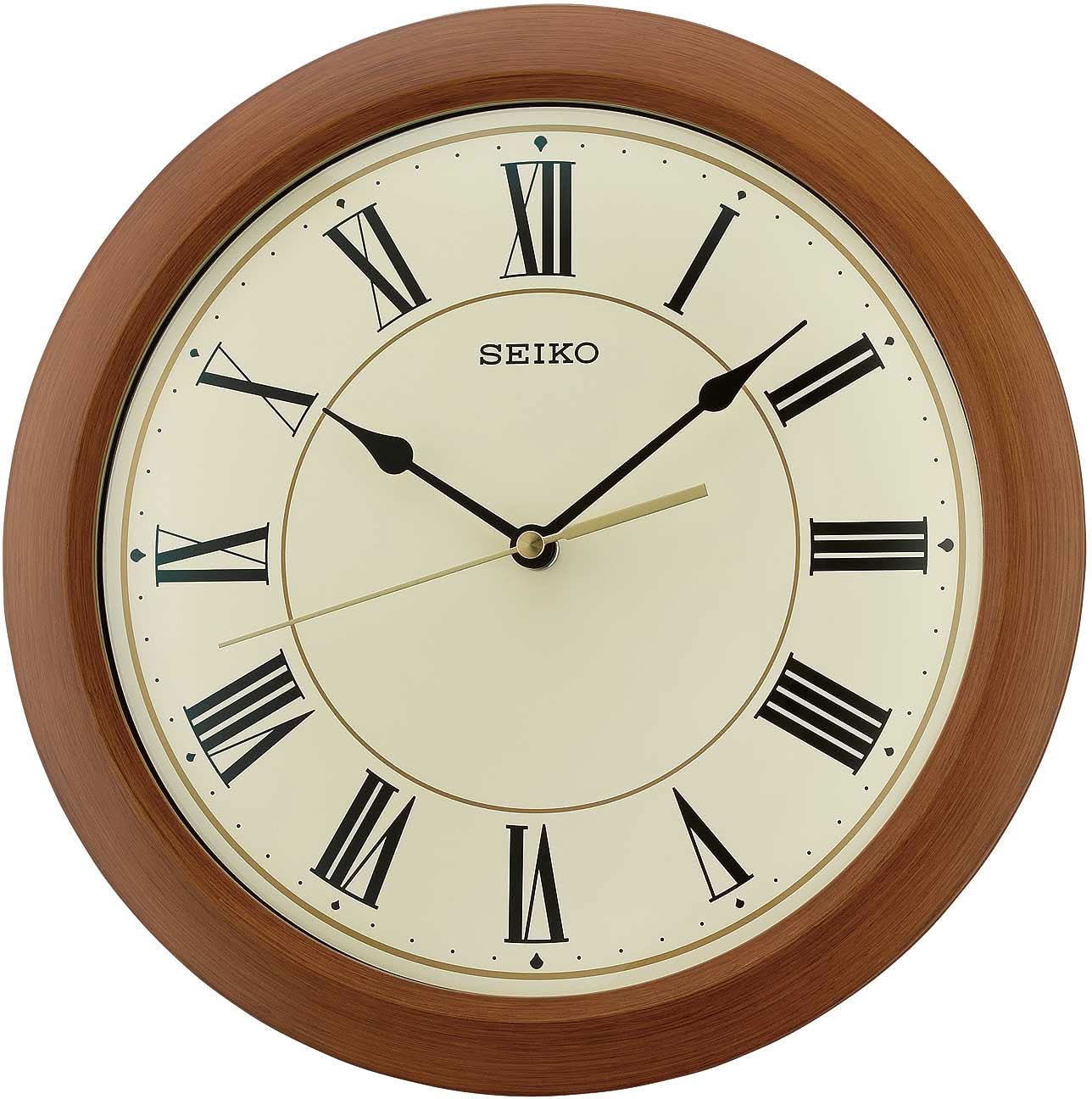 Horloge murale avec cadre aspect bois, cadran crème et chiffres romains
