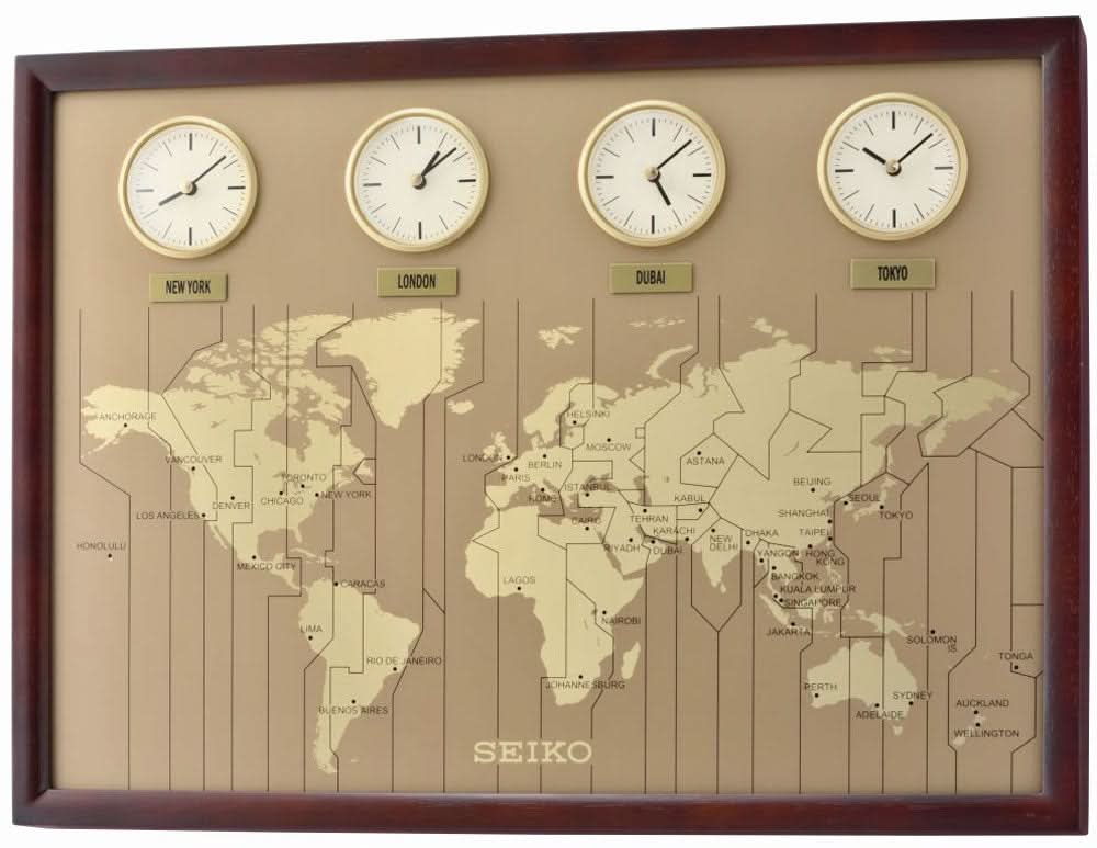 Horloge murale avec cadre en bois, carte du monde et quatre petits cadrans ; SEIKO