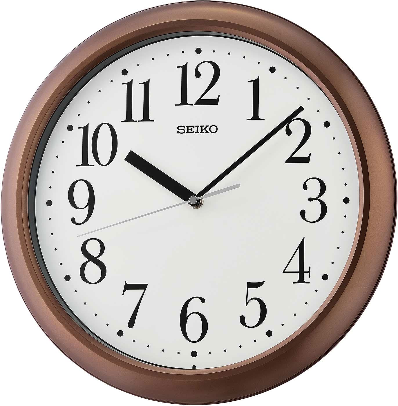 Horloge murale ronde avec cadre en plastique marron et cadran blanc, chiffres romains, SEIKO