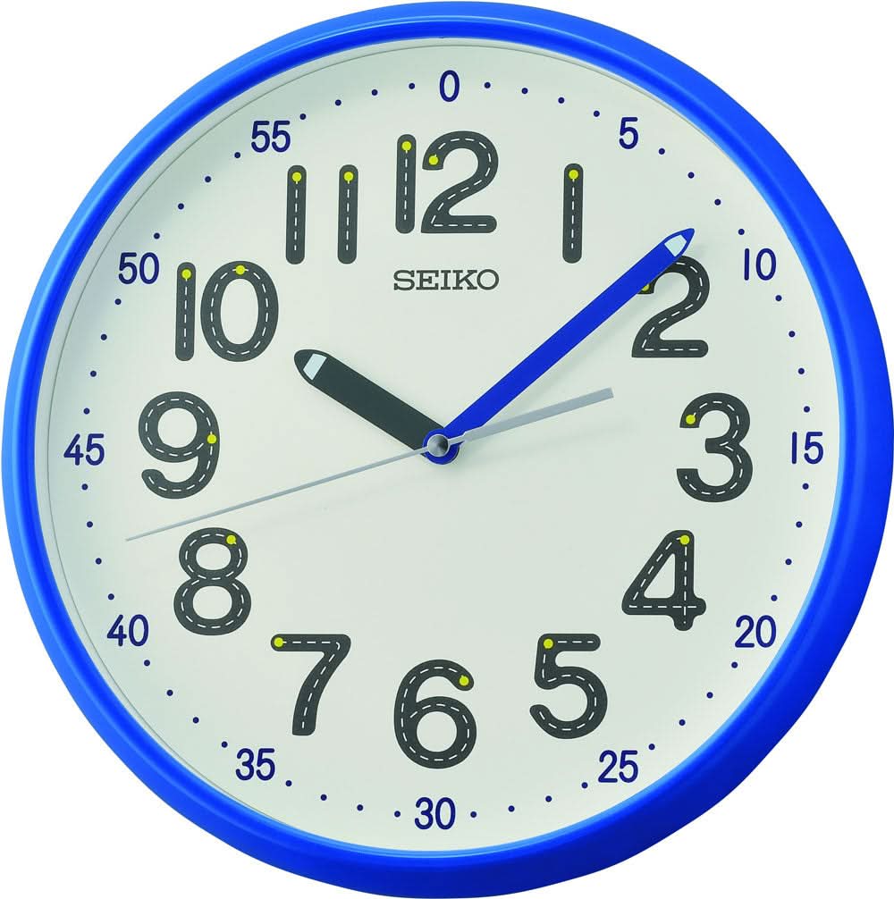 Horloge murale avec cadre en plastique bleu, cadran clair, chiffres arabes et logo SEIKO