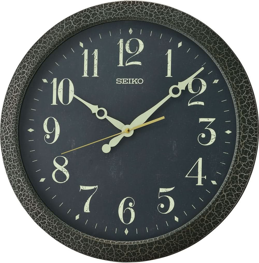 Seiko horloge mural, horloge murale ronde en plastique : cadran gris foncé, chiffres et aiguilles dorés