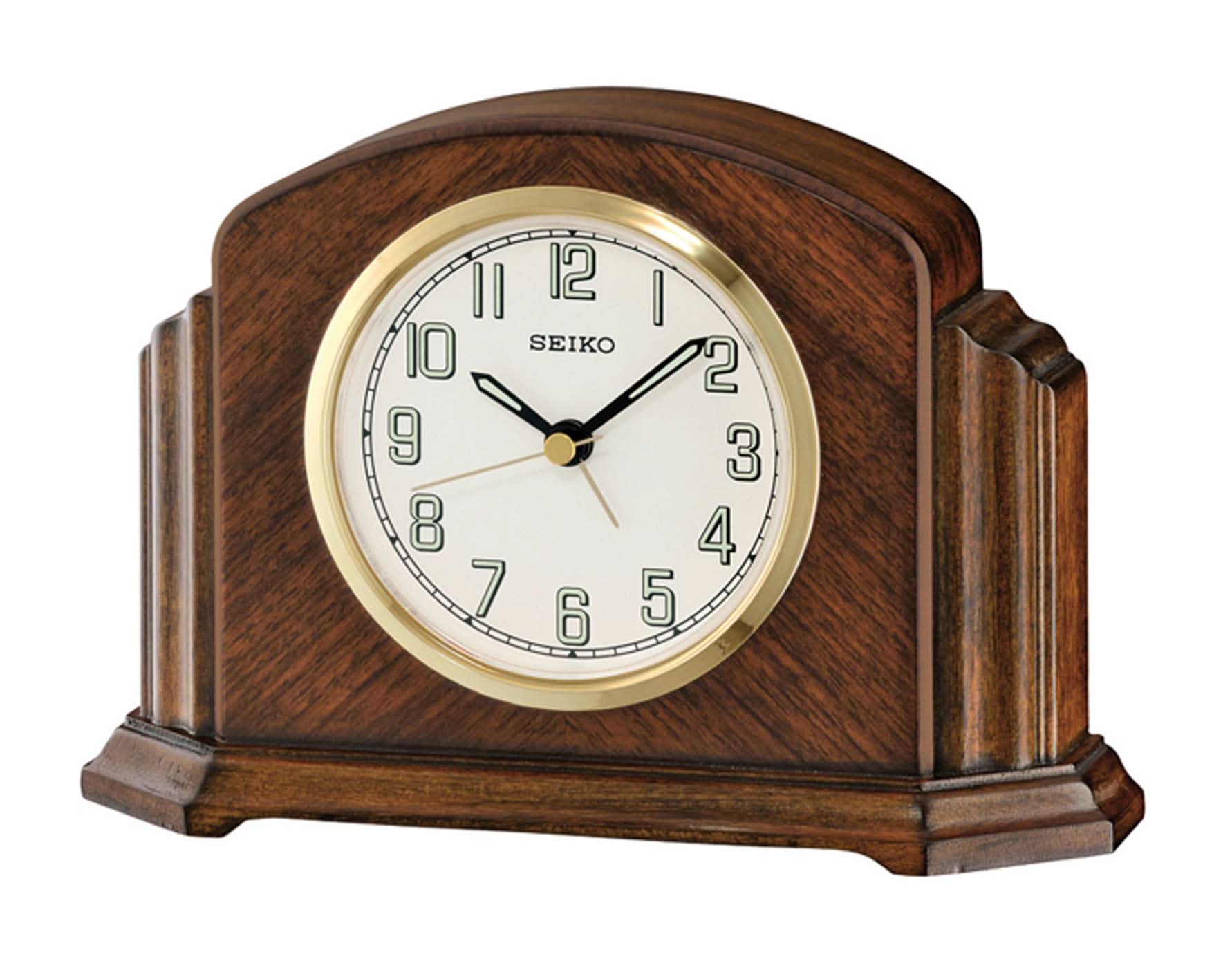 Horloge de table en bois avec cadran rond et bordure dorée