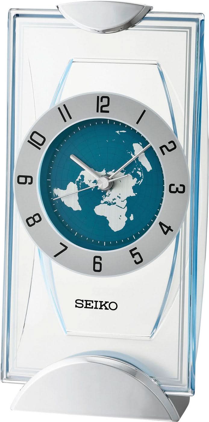 Horloge de table avec cadran rond bleu pétrole, carte du monde, bordure argentée, Seiko