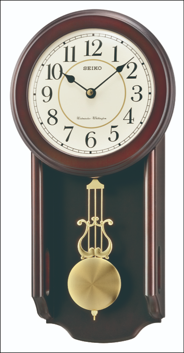 Horloge murale en bois avec cadran rond, chiffres romains et balancier doré