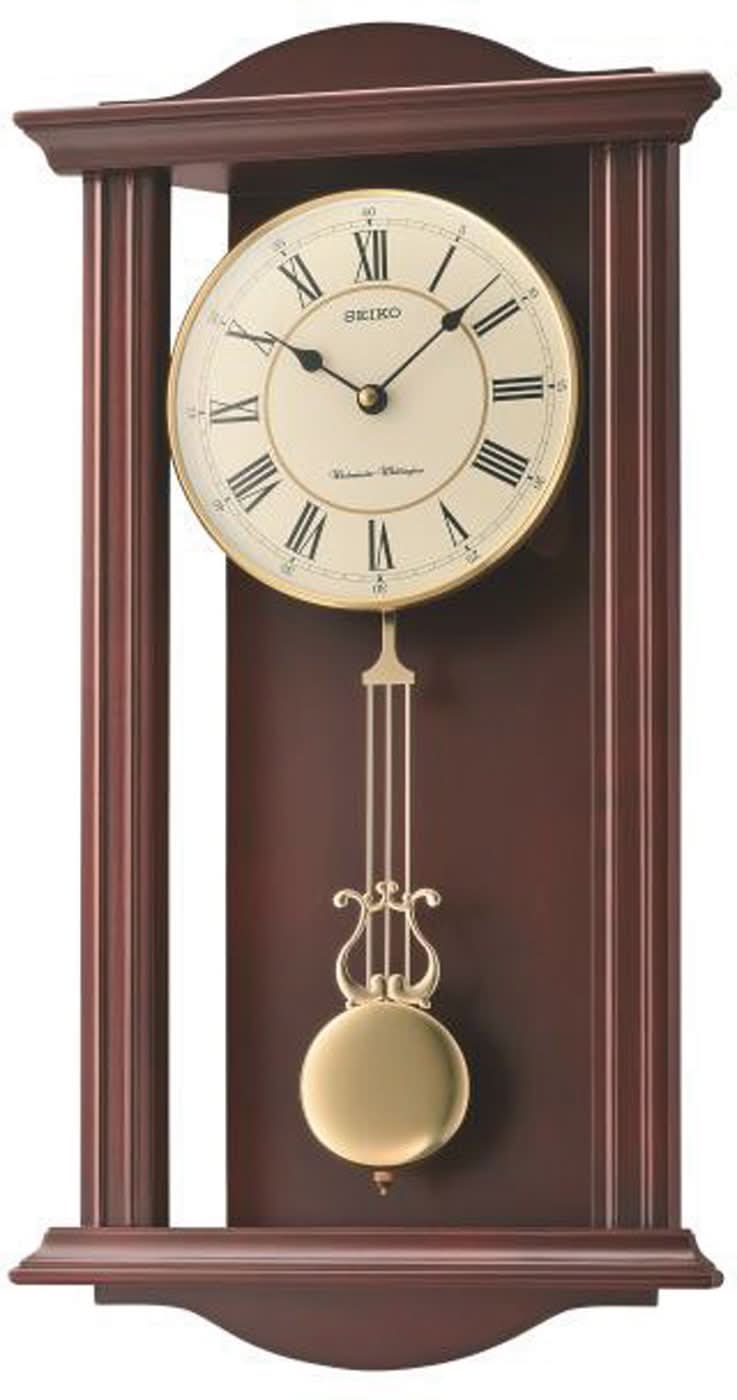 Horloge murale en bois, boîtier brun foncé avec pendule et cadran romain
