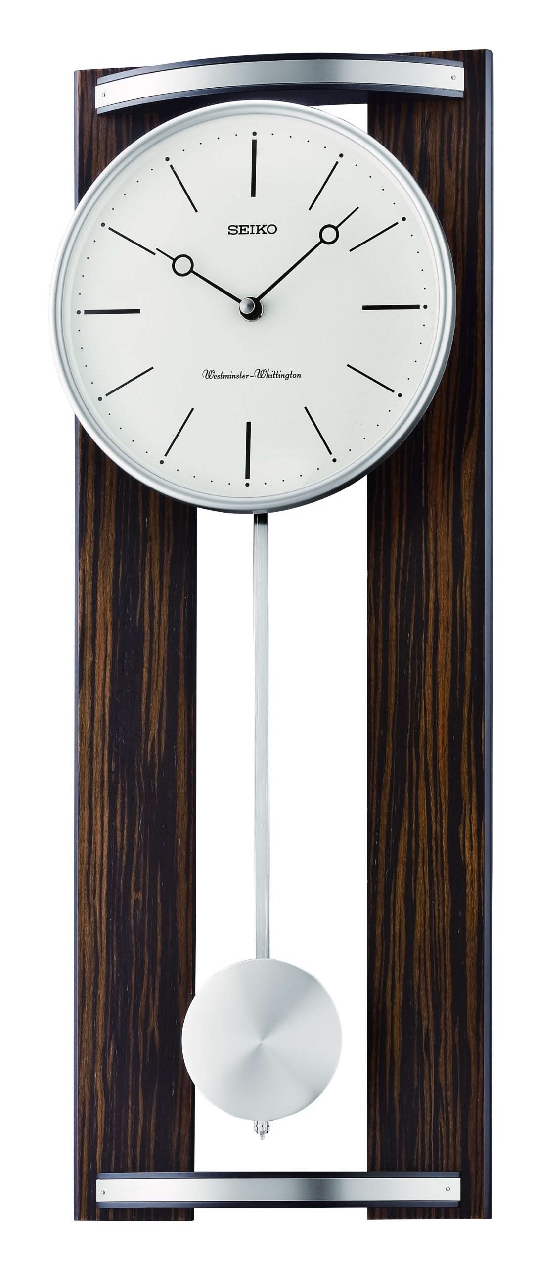 Seiko horloge mural avec cadran rond et boîtier en bois, pendule en bas