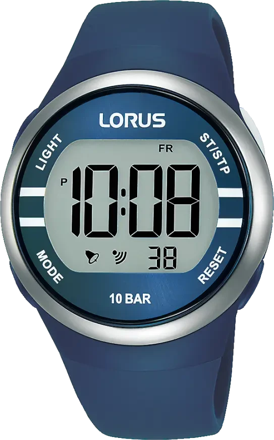 Montre digitale Lorus avec boîtier rond, bracelet en silicone bleu et affichage 10 BAR