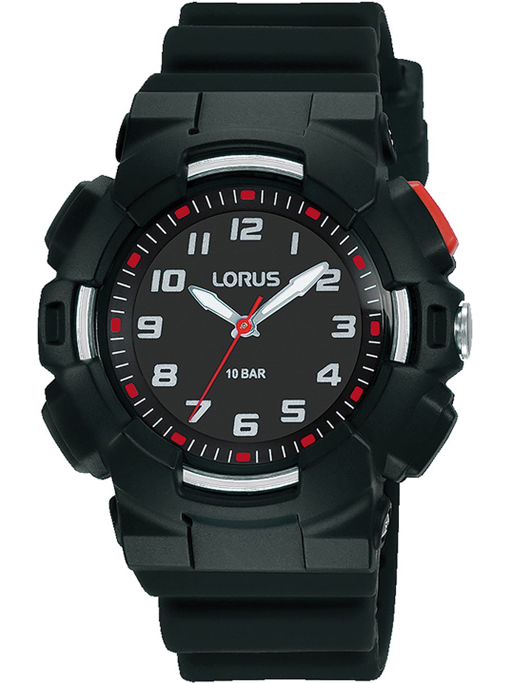 Kinderuhr von Lorus mit schwarzem Gehäuse, analogem Ziffernblatt und Leuchtzeigern