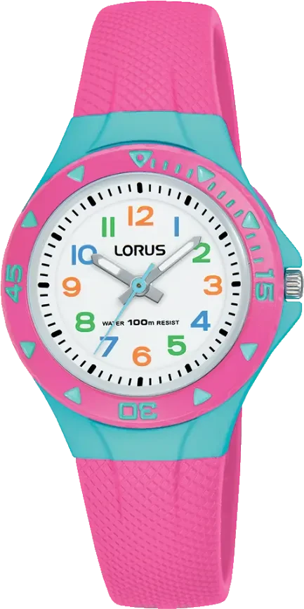 Montre enfant Lorus avec bracelet en silicone rose, lunette et cadran turquoise