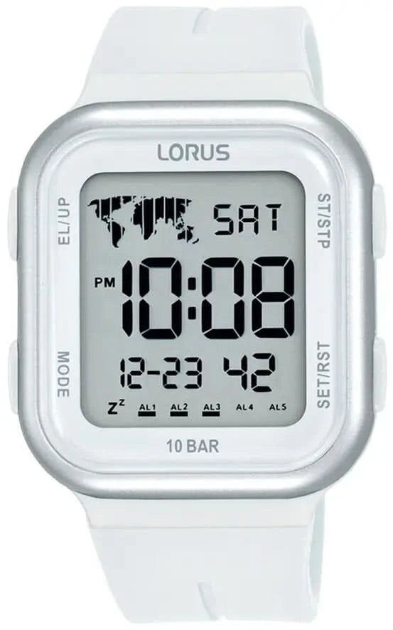 Montre homme avec bracelet en silicone blanc, boîtier argenté et affichage numérique 10 BAR
