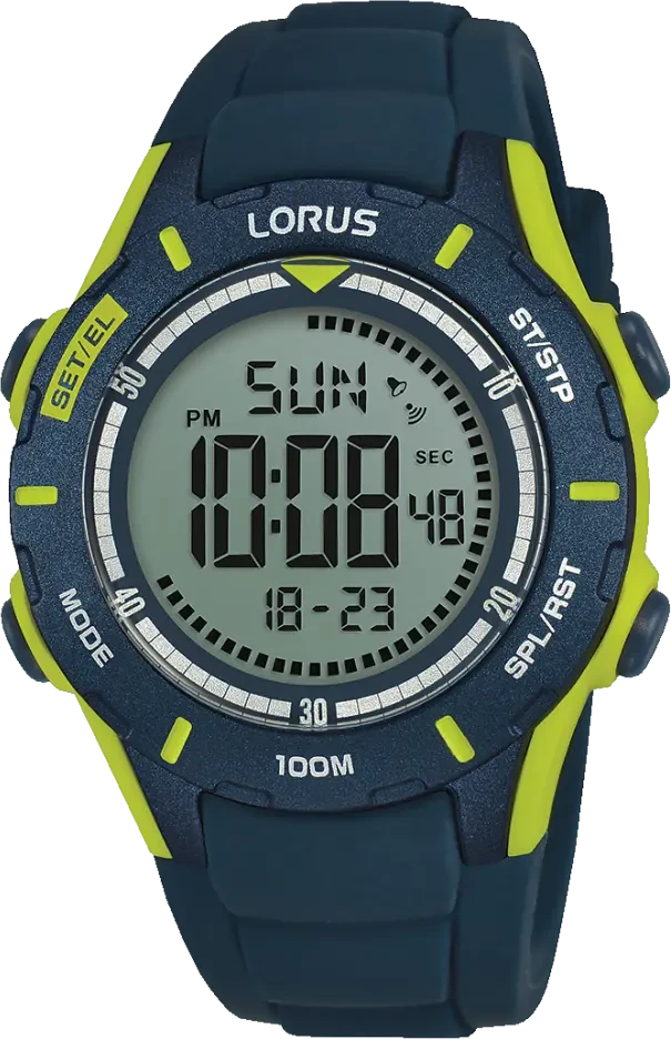 Montre numérique LORUS pour garçon, boîtier bleu avec accents vert néon et affichage numérique