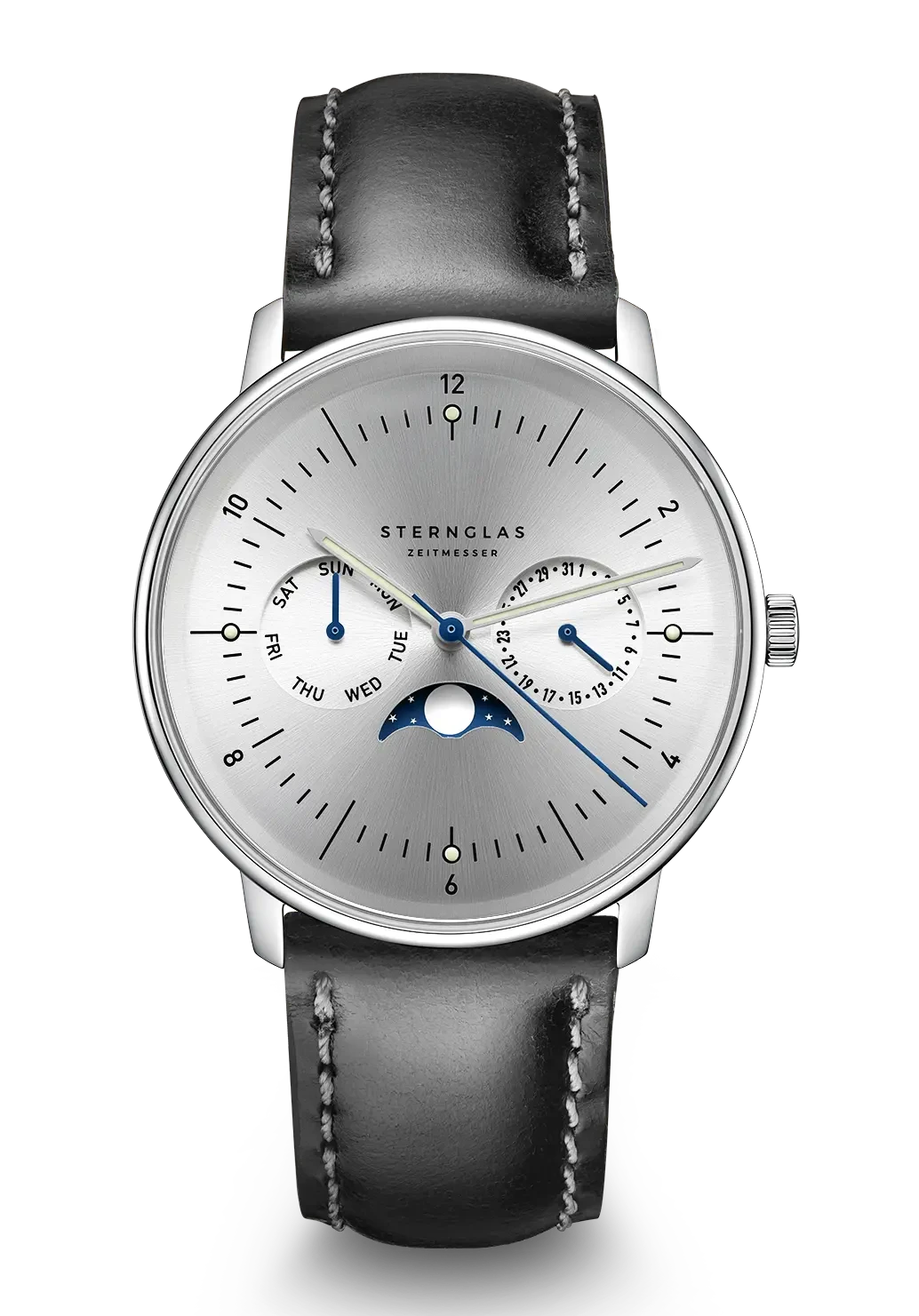 Unisex-Armbanduhr mit Lederband, silbernem Gehäuse und weißem Zifferblatt mit Mondphase