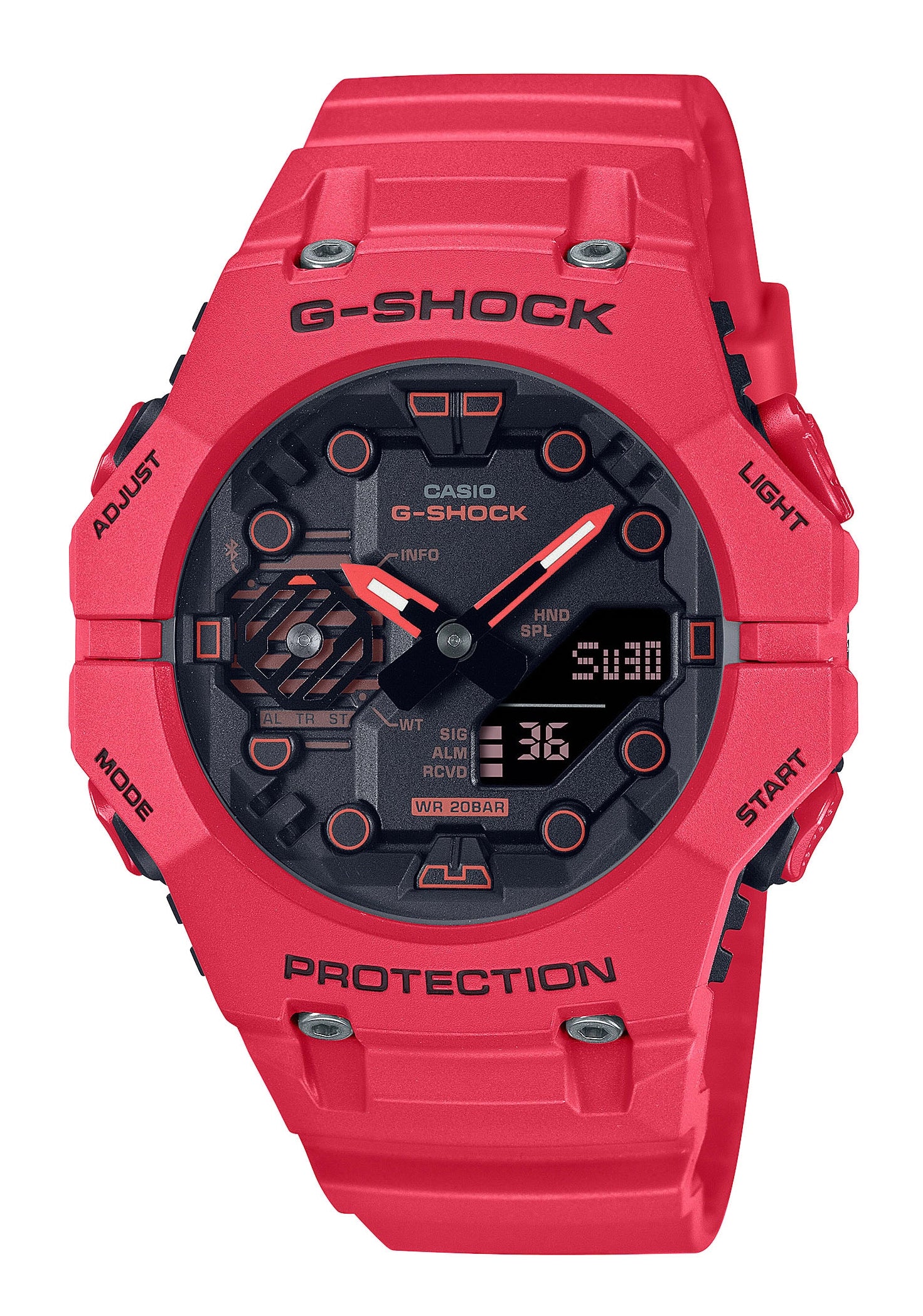 Casio G-SHOCK Herren-Armbanduhr mit rotem Kunststoffband und rundem Digital-Display