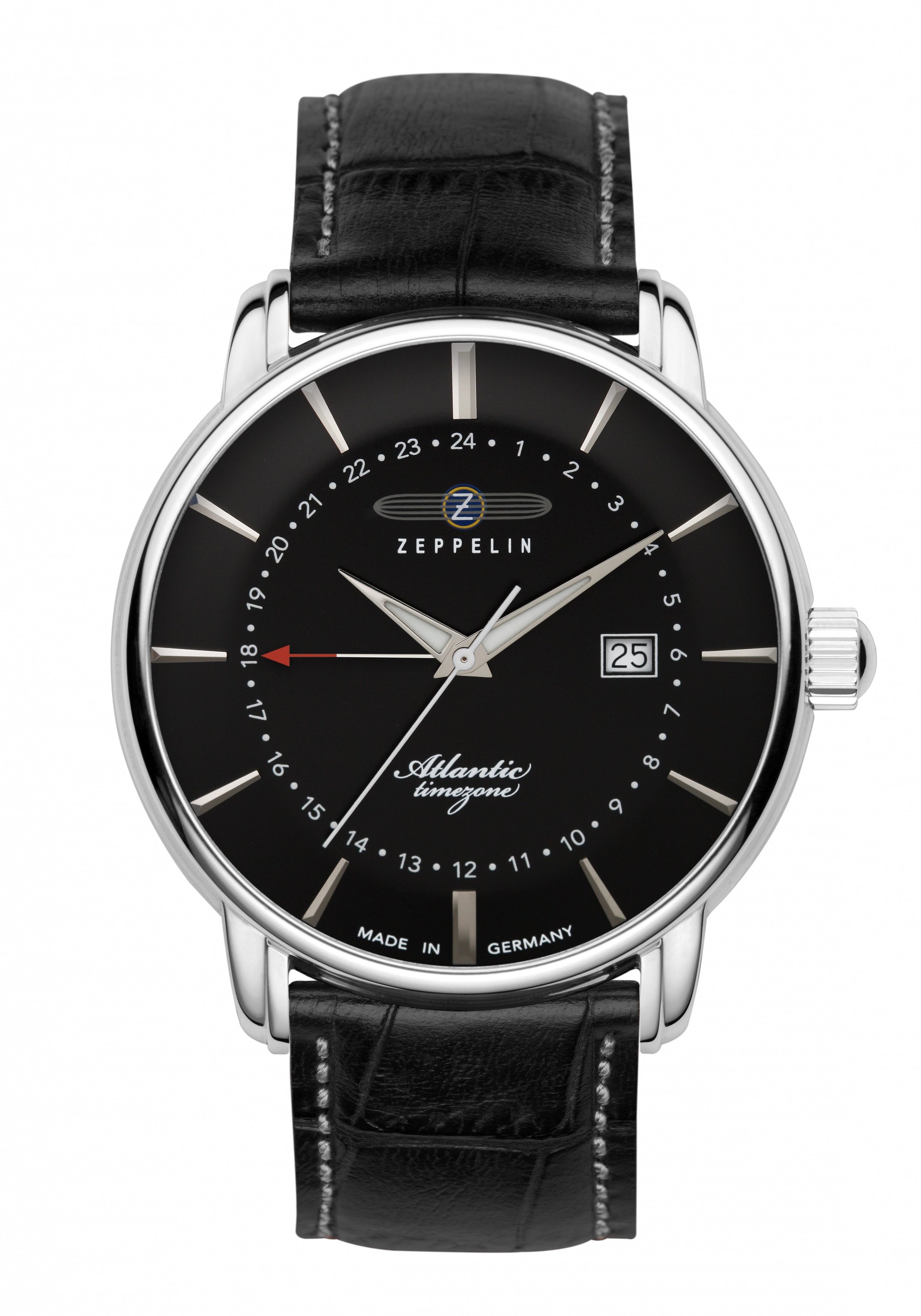 Herrenarmbanduhr mit schwarzem Zifferblatt, Lederarmband und Datumsanzeige, Edelstahlgehäuse