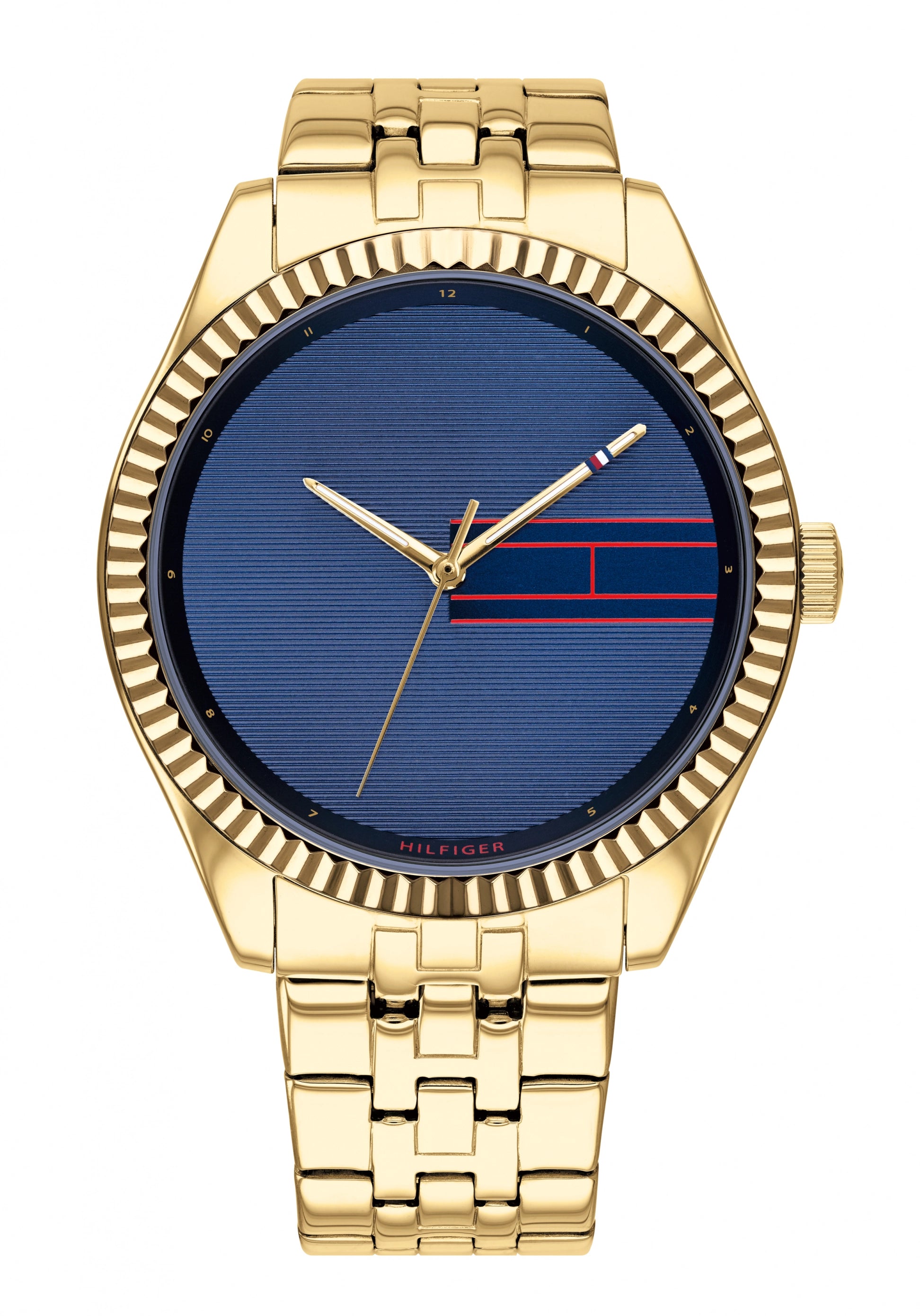Tommy Hilfiger Damenarmbanduhr mit goldenem Metallband und blauem Zifferblatt