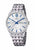 Silberne Herrenuhr mit Metallarmband, weißem Zifferblatt und blauen Zeigern, Datumsfenster