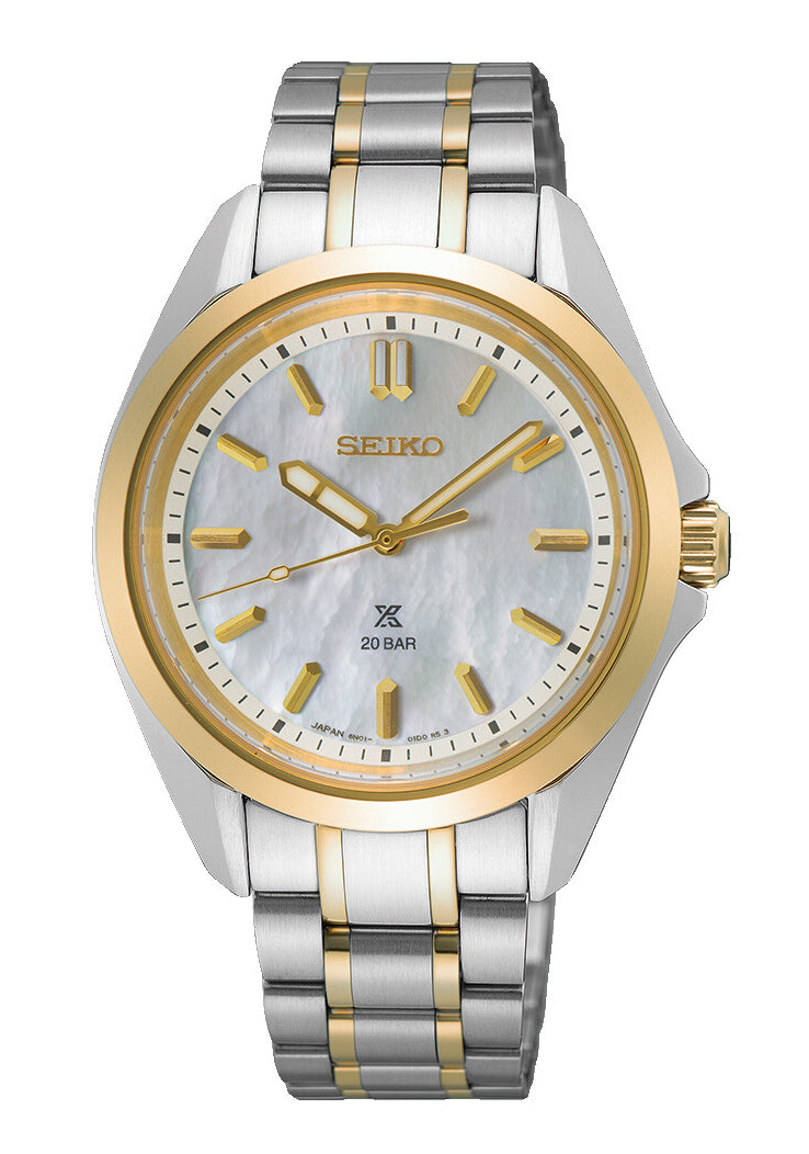 Seiko Prospex Damenuhr Bicolor: silber-goldenes Edelstahlband, weißes Zifferblatt