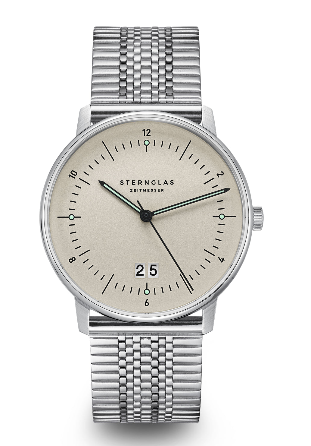 Sternglas Naos Armbanduhr mit silbernem Metallband, cremefarbenem Zifferblatt und Datumsfenster bei 5