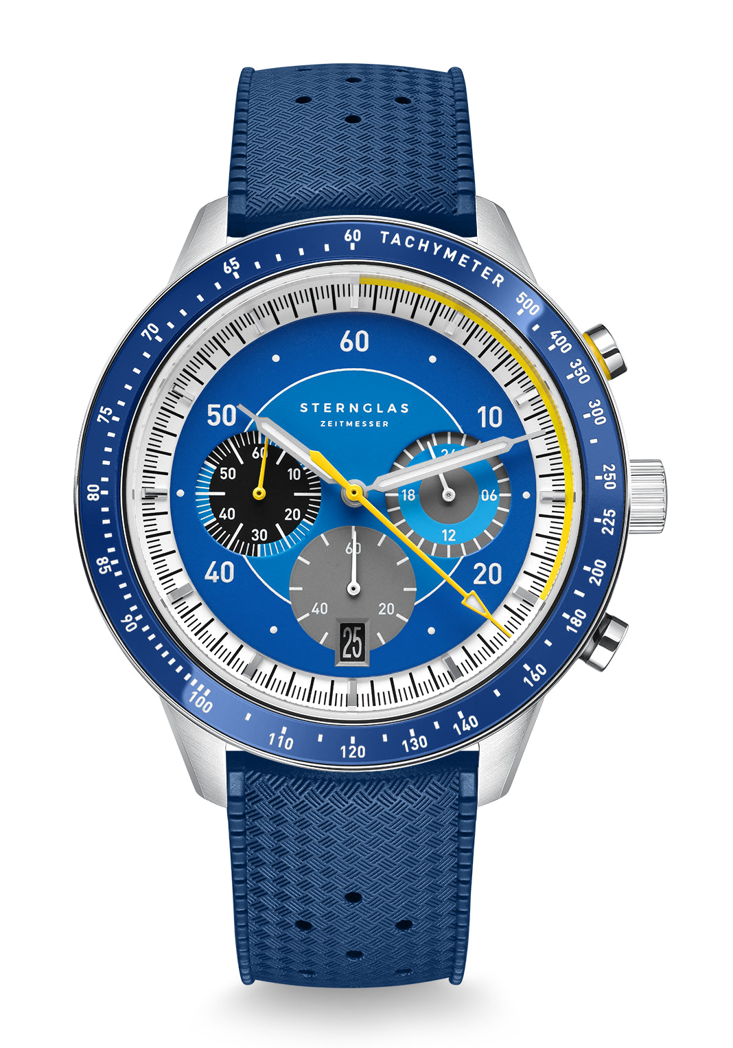 Sternglas Herren-Chronograph mit blauem Zifferblatt, Tachymeter-Lünette und blauem Armband